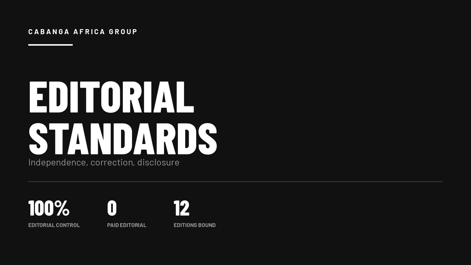 Cabanga Africa Group editorial standards - independence, correction and disclosure