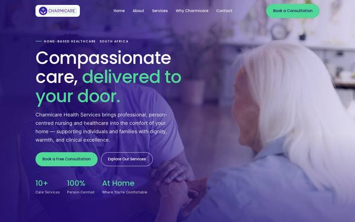 The Charmicare homepage built by in3Days Africa