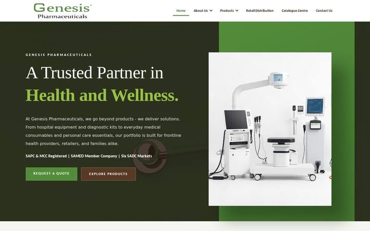 The Genesis Pharmaceuticals homepage built by in3Days Africa